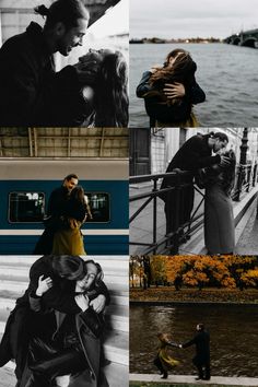 the collage shows people standing near water, and one man is kissing another woman