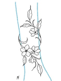 a drawing of flowers and leaves on a white background with blue lines in the foreground