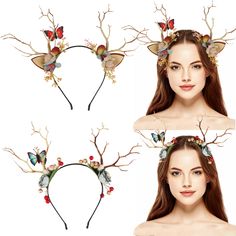 PRICES MAY VARY. You will receive 2 pack Reindeer Antlers Horn Headbands in different style. A wonderful cosplay headband for women and girls, perfect costume accessory for Halloween, cospaly, costume party, masquerade, performance, carnival, photo, etc. The headband is elastic, one size fits most adults and children. Great decoration for taking selfies and photos with families and friends. The reindeer headband in delicate workmanship, crown headband is handmade from like berries, leaves and sp Enchanted Forest Costume Ideas, Dnd Props, Cosplay Headband, Woodland Fairy Costume, Frozen Costumes, Antler Flower, Antlers Headband, Woodland Crown, Butterfly Headband