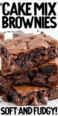 two chocolate brownies stacked on top of each other with the words cake mix brownies soft and fudgey