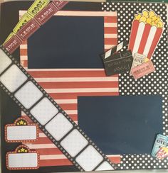 a movie themed scrapbook with film strips, popcorn and tickets on the cover to make it look like an american flag