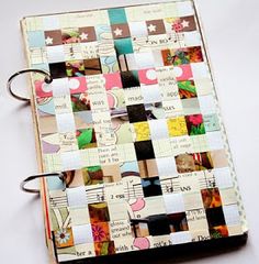 a book with many pictures on it and the words woven paper journal cover written in black ink