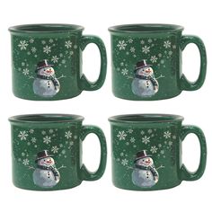 four green coffee mugs with snowmen painted on the inside and outside of them