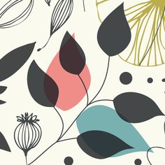 an abstract floral wallpaper with black, pink, and blue leaves on white background