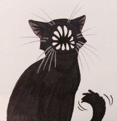 a drawing of a black cat with an evil look on it's face and tail