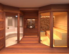 the interior of a spa room with wooden walls