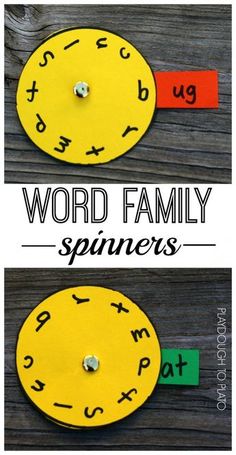 the word family spinners are made out of construction paper, and have numbers on them