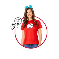 a woman in a red shirt with two thing on it's face and the word thing