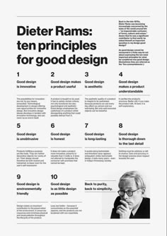 a poster with an image of a man in glasses and the words, diet rams ten principals for good design