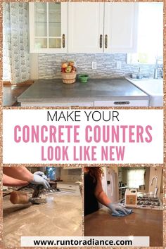 the words make your concrete counters look like new are shown in three different pictures, including an image of a woman with gloves on