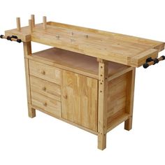 a wooden workbench with two drawers and three pegs on the bottom shelf