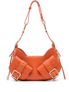 carrot orange leather gold-tone hardware decorative buckle detailing adjustable detachable shoulder strap top zip fastening main compartment internal slip pocket two front flap pockets Outfit Plan, Bags Aesthetic, Orange Bag, Orange Leather, Strap Top, Strap Tops, Metallic Accents, Flap Pocket, A Logo