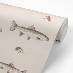 a wallpaper with fish and fishing lures on it's sides in neutral colors