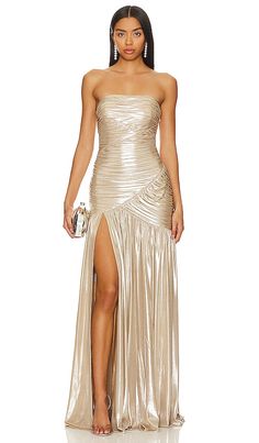 Strapless Champagne Dress For Gala, Gold Ruched Evening Dress For Gala, Metallic Ruched Dresses For Cocktail, Gold Strapless Evening Dress For Night Out, Glamorous Strapless Dress With Ruched Bodice For Gala, Glamorous Strapless Dress For Gala With Ruched Bodice, Strapless Champagne Dress For Party Season, Metallic Strapless Evening Dress, Metallic Strapless Dress For Prom