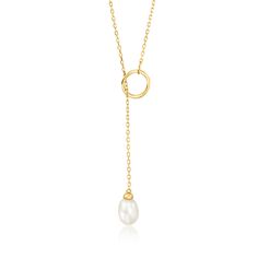 Ross-Simons - 4-4.5mm Cultured Pearl Lariat Necklace in 14kt Yellow Gold. 17". RS Pure. Modern designs that complete your outfit and complement your personality. Our simple and sophisticated lariat necklace features a lovely 4-4.5mm cultured freshwater pearl that drops from a dainty 14kt yellow gold cable chain. Toggle clasp, white pearl lariat necklace. Pearl birthstones are the perfect gift for June birthdays. Classic 14k Gold Lariat Necklace, Classic Round Lariat Necklace For Formal Occasions, Gold Necklace Pearl, Formal 14k Gold Lariat Necklace, Classic Long Drop Lariat Necklace For Formal Occasions, Classic Long Drop Lariat Necklace For Formal Events, 14k Gold Lariat Necklace For Weddings, Anniversary Yellow Gold Lariat Necklace, Classic Formal Lariat Necklace With Adjustable Chain