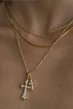 Gold Plated *Waterproof *Tarnish Free *Hypoallergenic Material: 18K Gold Plated Stainless Steel,Rhinestone Color: Gold Style: Cross Pendant Necklace Clasps: Lobster Clasps Necklace Length: 16-18.1 Cross Necklace With Diamond, Every Jewels Cross Necklace, Gold Necklace Angel, Double Cross Me Necklace, Gold Jewelry Cross, Gold Cross Pendant Necklace With Bling, Gold Bling Cross Pendant Necklace, Y2k Gold Jewelry, Every Jewels Necklaces