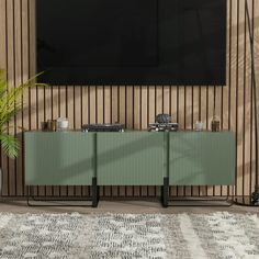 a tv mounted on the side of a wooden wall next to a plant and rug