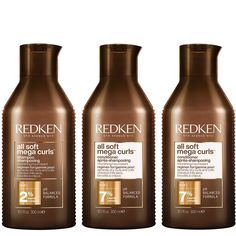 Adding weightless moisture to curls and coils, Redken’s All Soft Mega Curl Hydrating and Nourishing Shampoo with Conditioner Duo is three-piece bundle that cleanses and clarifies. The formulas are powered by a 2% Nourish Complex and humectants aloe vera and glycerin, working to protect against dryness while minimising the appearance of damage.  Set Contents:  All Soft Mega Curls Shampoo 300ml  A hydrating formula that cleanses the hair of build-up and impurities, helping to leave strands feeling bouncy and lightweight.  All Soft Mega Curls Conditioner 300ml x 2  Enriched with Inca Inchi oil and cactus flower extract, the conditioner intensely hydrates the lengths, encouraging a visibly stronger result. The innovative complex helps to retain moisture for longer to promote more defined-looki Redken All Soft, Curl Conditioner, Curl Shampoo, Grow Gorgeous, Nourishing Shampoo, Coily Hair, First Aid Beauty, Clean Skincare, Shea Moisture Products