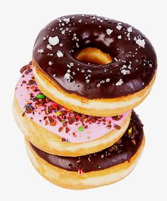 three donuts stacked on top of each other with sprinkles and chocolate frosting