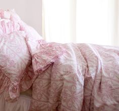 NEW! Victoria Toile Bedding - Ballet Pink - Linen Salvage Et Cie Wallpaper Stripe, Toile Bedding, Floral Print Bedding, Pink Duvet, Striped Duvet, Dorm Room Inspiration, Full Duvet Cover, Neutral Interiors, Romantic Bedroom