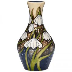 a vase with white flowers painted on it