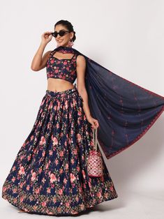 Lehenga Mirror Work Embroidery, Flared Lehenga, Golden Jewellery, Sequence Blouse, Navy Blue Art, Indo Western Gown, Indian Ethnic Wear For Women, Saree Petticoat, Silk Lehenga Choli