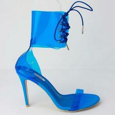 Sturdy Plastic Material, Overall Cute Sandal, No Flaws, Never Worn. True To Size Blue Party Sandals With 4-inch Heel, Blue Lace-up Heels For Summer, Trendy Blue Pointed Toe Sandals, Blue Heels With Heel Strap For Party, Blue Party Heels With Heel Strap, Blue Sandals With 4-inch Heel For Party, Trendy Blue Ankle Strap Heels, Trendy Light Blue Party Sandals, Trendy Blue Sandals With 4-inch Heel