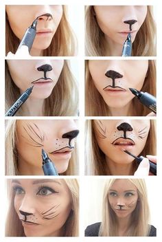 Lion Makeup Halloween Easy, Cat Halloween Costumes For Women Make Up, Simple Cat Face Paint For Women, How To Paint A Cat Face For Halloween, Cute Halloween Cat Makeup, Lion Makeup Easy, Kid Cat Makeup, Easy Cat Makeup Halloween Kids, Easy Cat Makeup Halloween Diy