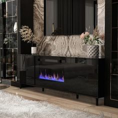 a modern living room with a fireplace in the center