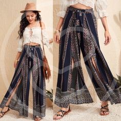 Pre Order 100% Rayon Split Leg Print Wide Leg Pants Bohemian Wide Leg Bottoms For Day Out, Bohemian Wide Leg Pants For Day Out, Bohemian High Waist Black Bottoms, Bohemian Black High Waist Bottoms, Black Bohemian Pants For Vacation, Bohemian Black Pants For Vacation, Black Bohemian Straight Pants, Bohemian Style Black Straight Pants, Bohemian Black Straight Pants