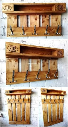 three wooden shelves with hooks on them and the words eur written in black ink