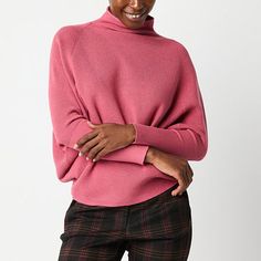 Update your knitwear this season with this ultra-chic Worthington women's sweater. Cut for a relaxed-fit with long batwing sleeves from a soft textured knit, this pullover comes complete with a funnel neck. Pair it with jeans or tailored pants and loafers for the office. Closure Type: Pullover HeadFit: Modern FitNeckline: Funnel NeckSleeve Length: Long SleeveSleeve Style: Dolman SleeveApparel Length: 25 InchesFiber Content: 50% Viscose, 28% Polyester, 22% NylonFabric Description: KnitCare: Machi Dressy Sweater, Dressy Sweaters, Large Sweaters, Small Sweater, Long Sleeve Pullover Sweater, Pullover Sweater Women, Tailored Pants, Textured Knit, Funnel Neck