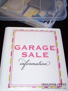 an open storage box with various items in it and the words garage sale information written below