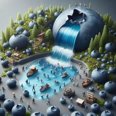 an image of people playing in the water with large balls surrounding them and a waterfall coming out of it