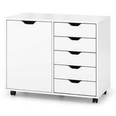 a white cabinet with four drawers on wheels