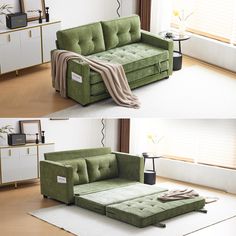 two pictures of a green couch with a pull out bed in the middle and an ottoman on the other side