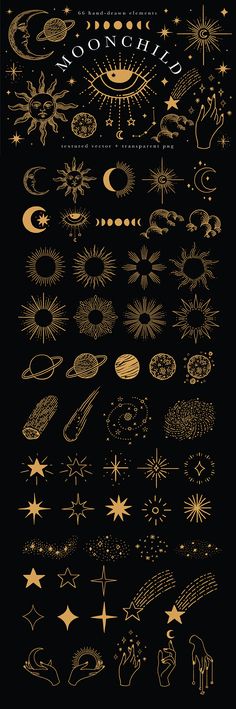 an image of the stars and planets in gold on black background with text that reads,'moonchilds '