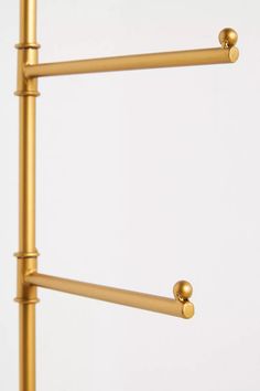 a gold metal shelf with two hooks on the top and one is holding an object