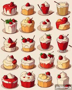 a bunch of different types of desserts on plates with strawberries and cherries