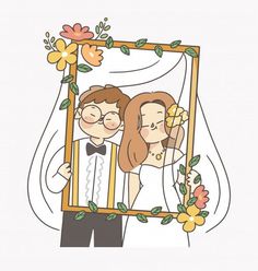 an illustration of a bride and groom holding up a photo frame with flowers on it