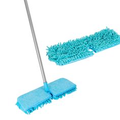 two mop heads with blue dust on them, one has a long handle and the other has a wide bristles