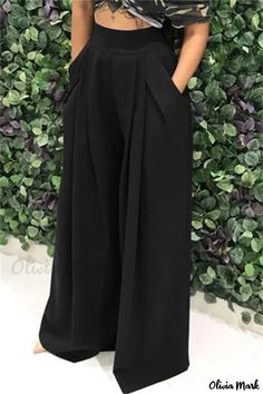 Black Style Vert, Plus Zise, Style Bleu, Coffee Fashion, Wide Leg Palazzo Pants, Casual Bottoms, Chic Type, High Waist Bottoms, Summer Black