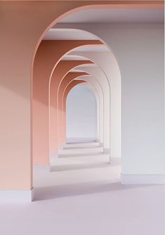 an arch in the middle of a room with pink walls and white flooring on either side