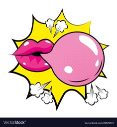 a pop art comic style illustration of a woman's lips biting into a bubble