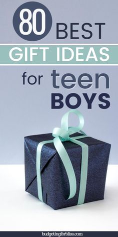 a black present box with blue ribbon and the words 80 best gift ideas for teen boys