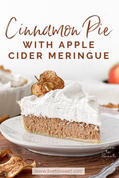 a slice of cinnamon pie with apple cider meringue on a white plate