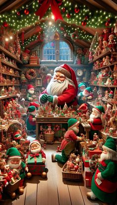 a christmas scene with santa claus surrounded by elves and other holiday decorations in a shop