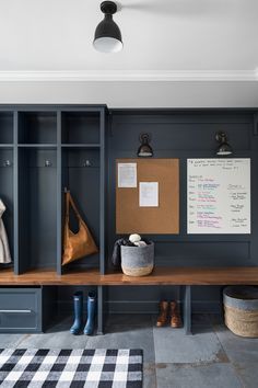 an image of a closet with shoes on the shelves and a notepad attached to it