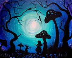 an acrylic painting of mushrooms in the woods at night