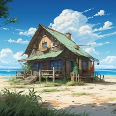 an old wooden house on the beach with a green roof and blue sky in the background